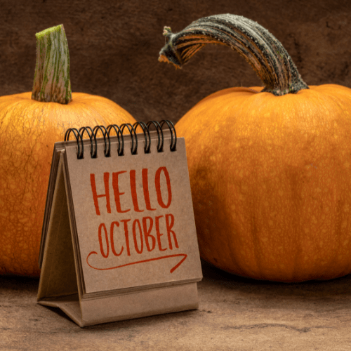 Hello October sign in front of pumpkins